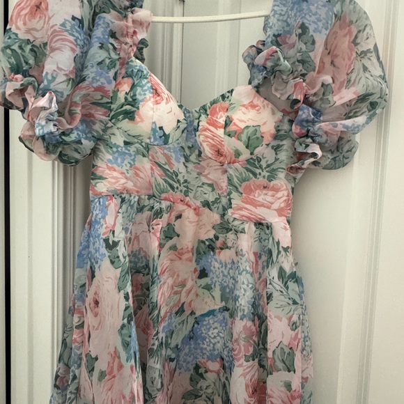 Pink and Blue puff sleeve floral floor length dress - Picture 2 of 5